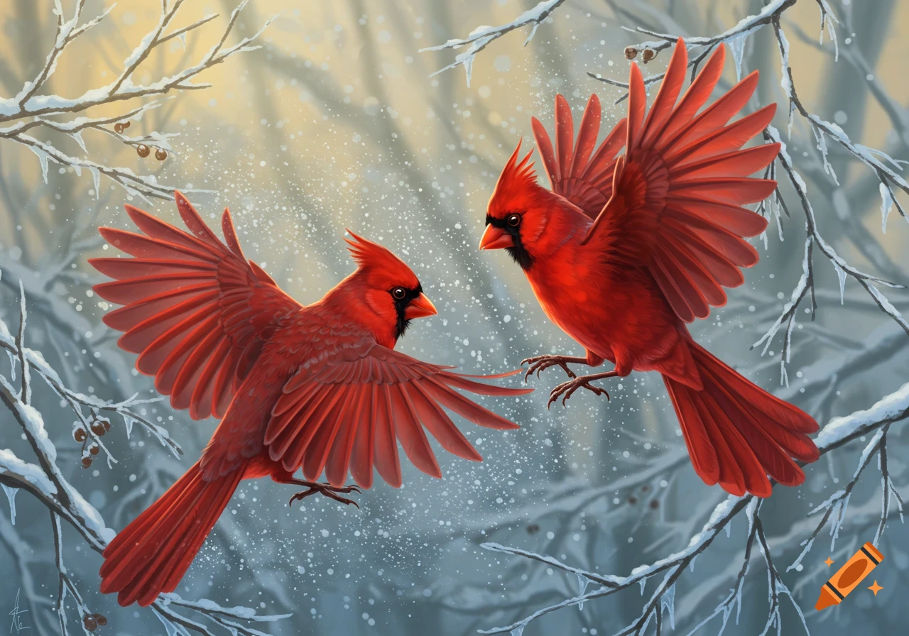 Two vibrant red cardinal birds with outstretched wings face each other mid-flight in a snowy winter forest scene.