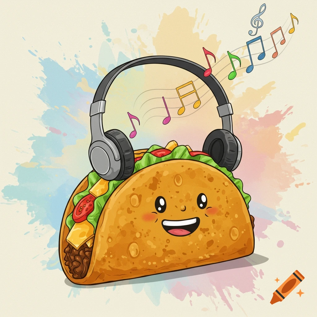 A cheerful cartoon taco wearing headphones with colorful music notes floating above.