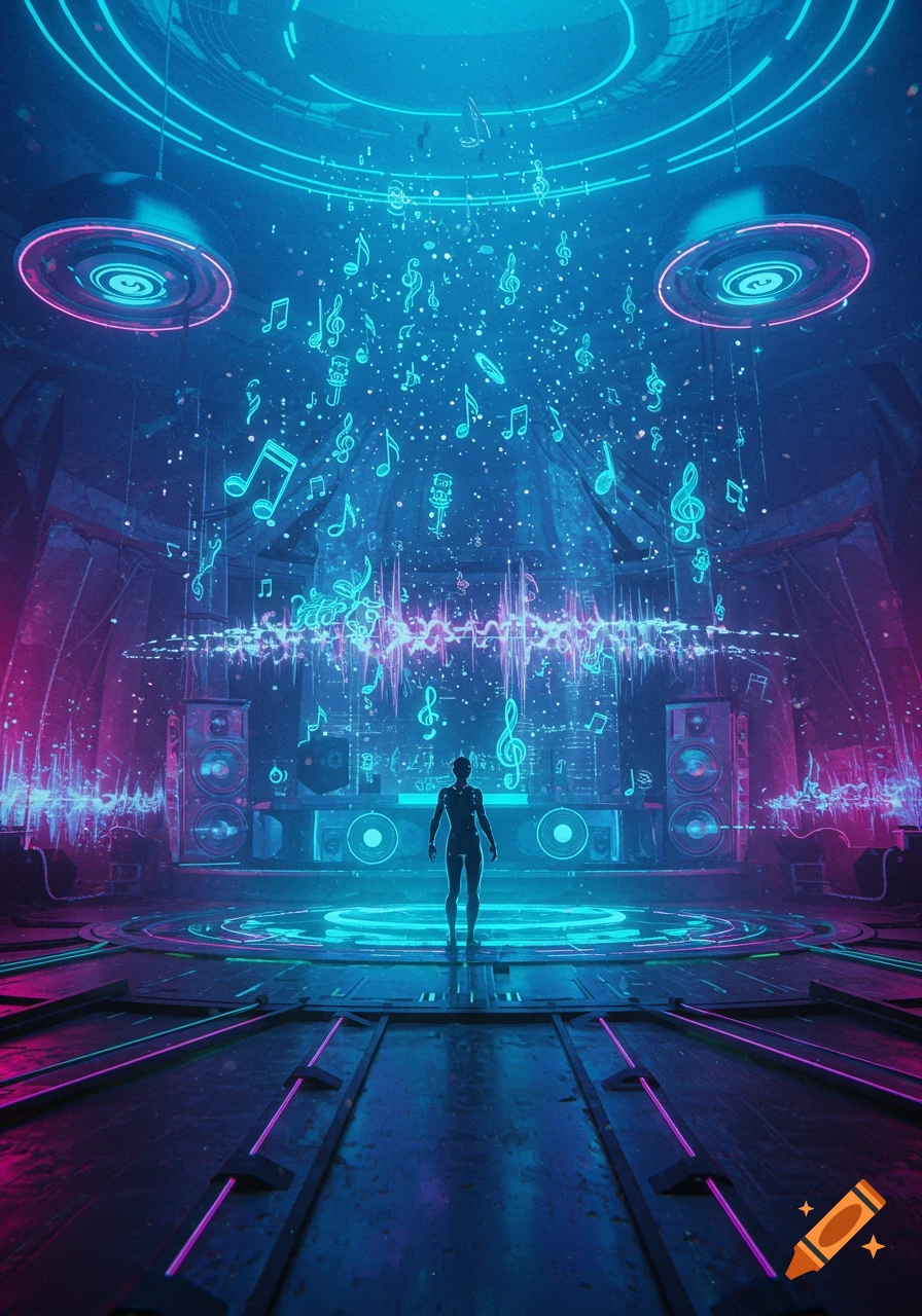 A silhouetted figure stands in a futuristic blue and pink lit room with glowing musical notes floating in the air above an equalizer.