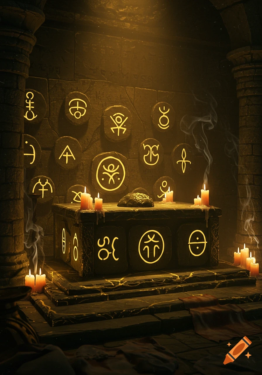 A dimly lit, ancient stone chamber with an altar displaying glowing cult symbols, surrounded by burning candles and smoke.