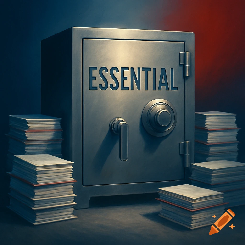A photorealistic image of a large metal safe with 'ESSENTIAL' written on its door, surrounded by stacks of documents.