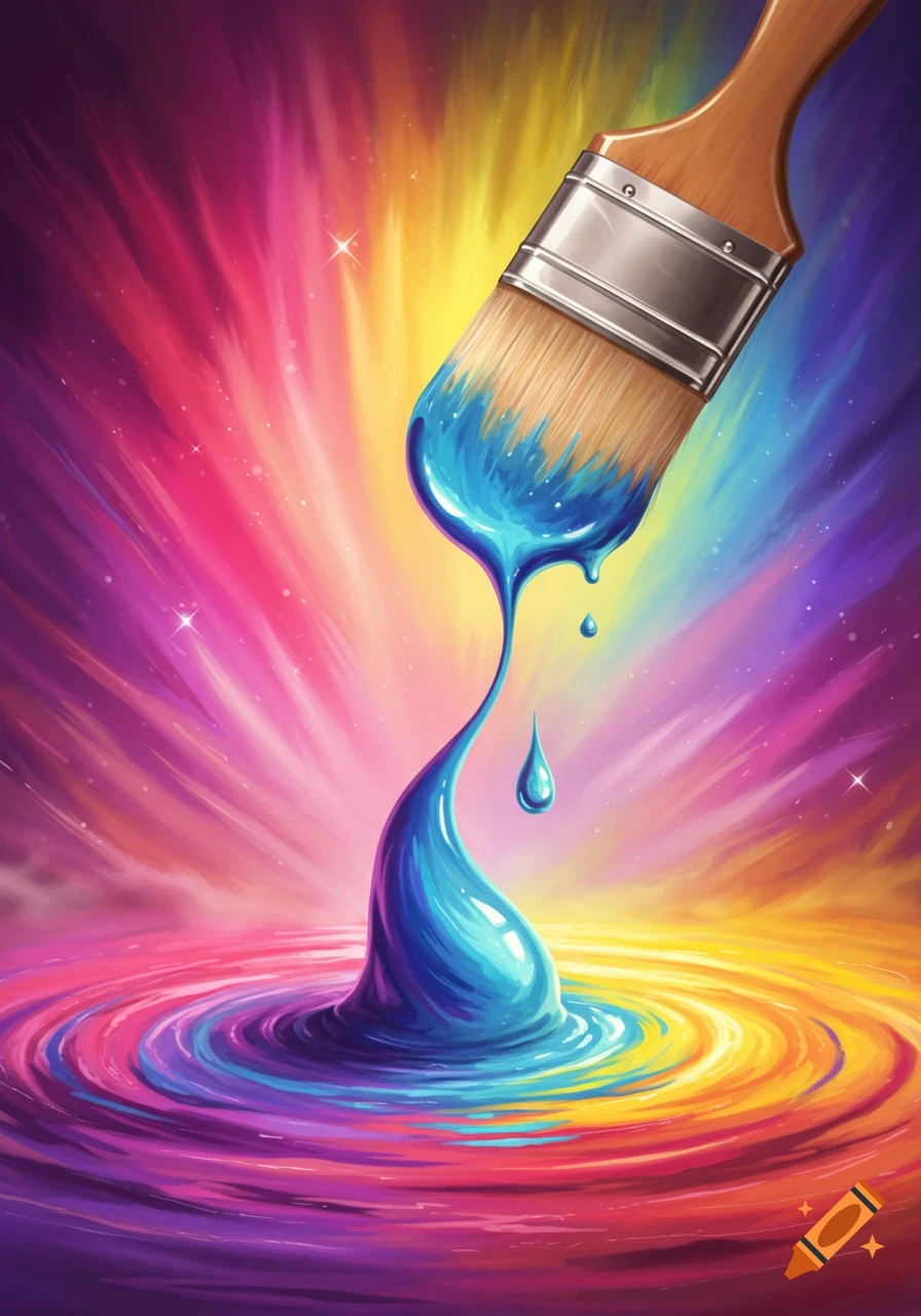 A paint brush dripping blue paint into a vibrant swirl of rainbow colors.