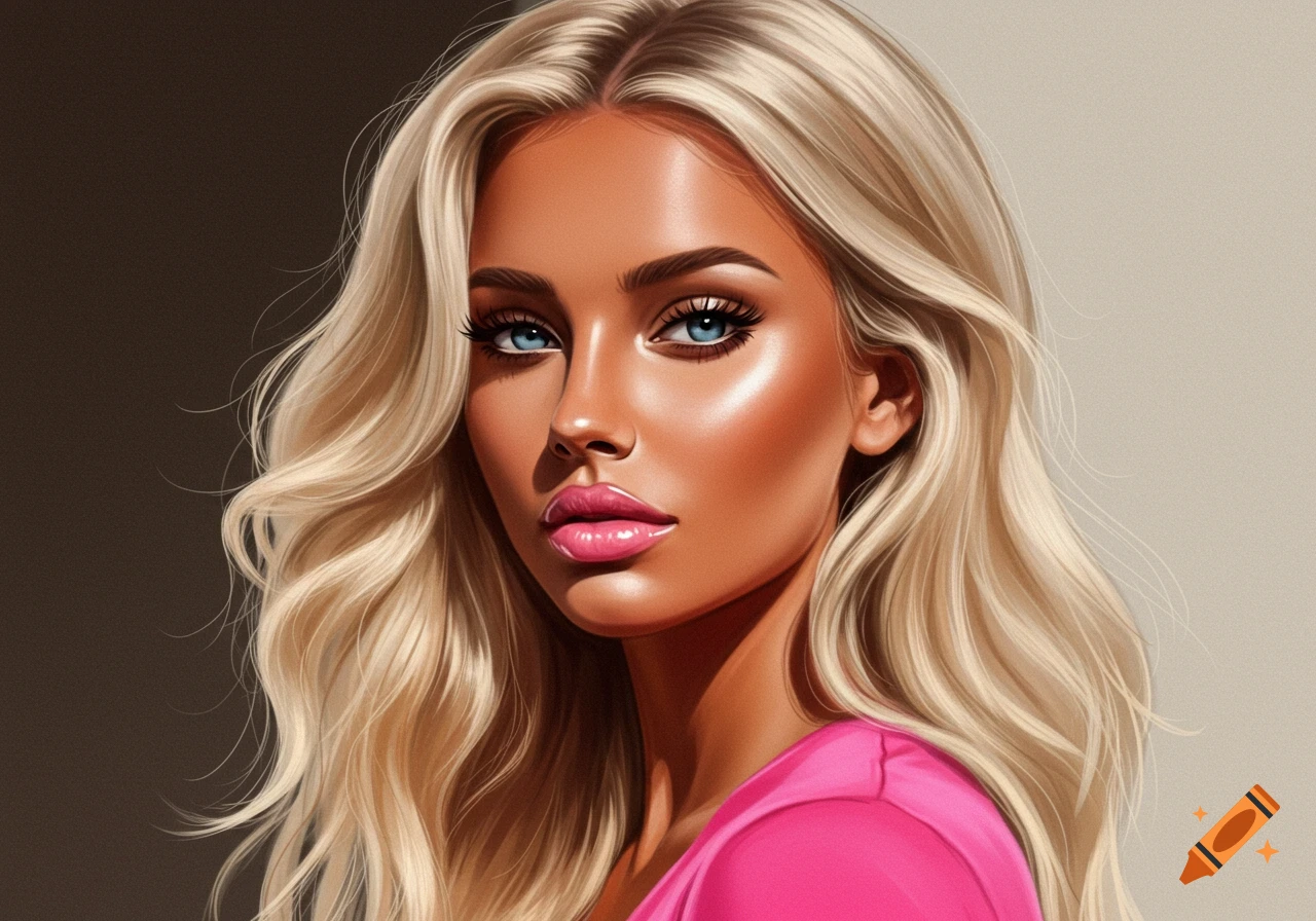 A close-up digital art portrait of a tanned woman with blonde wavy hair, blue eyes, and pink lip gloss, wearing a hot pink top.
