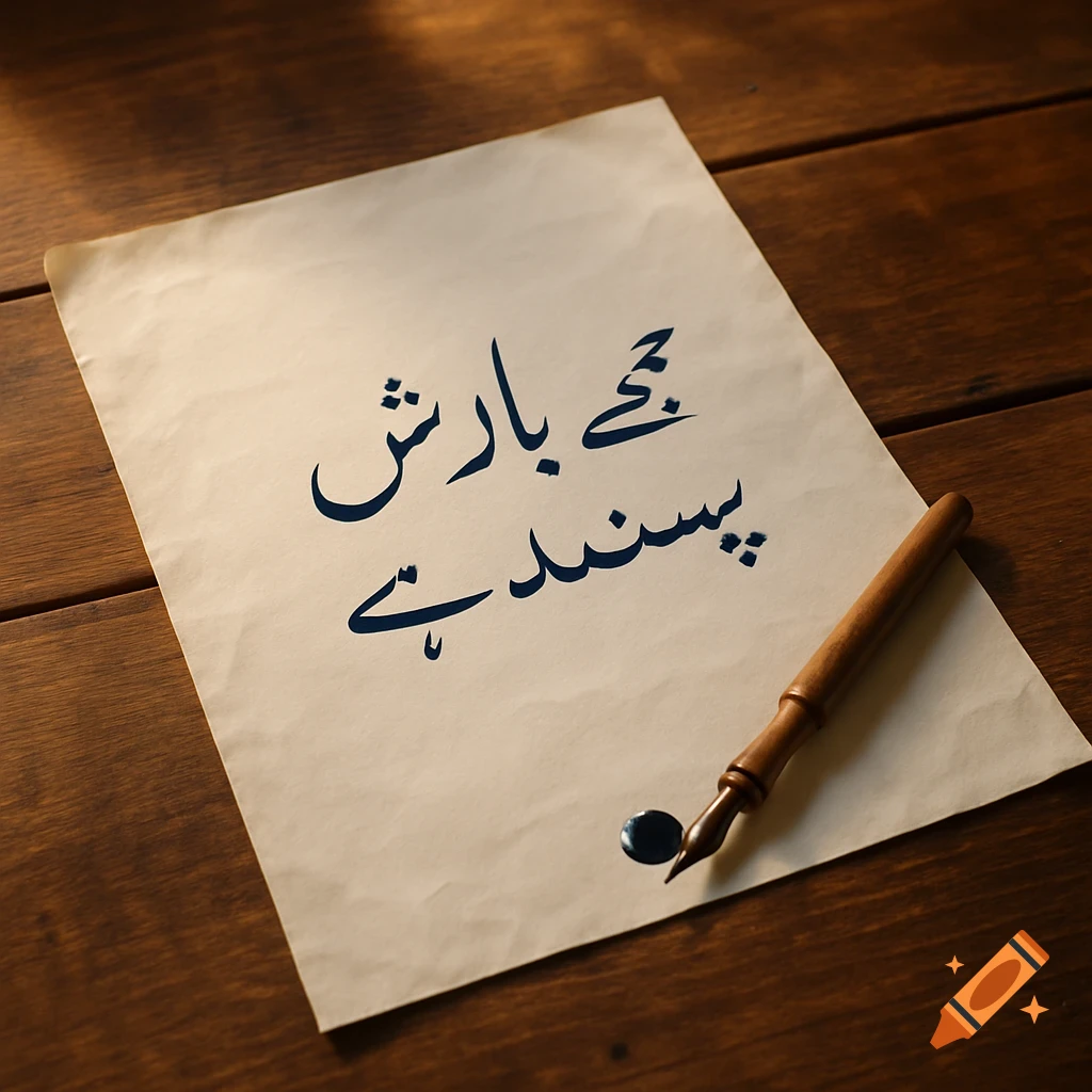 A sheet of old paper with Urdu calligraphy for "I like rain" and an ink pen on a wooden table.