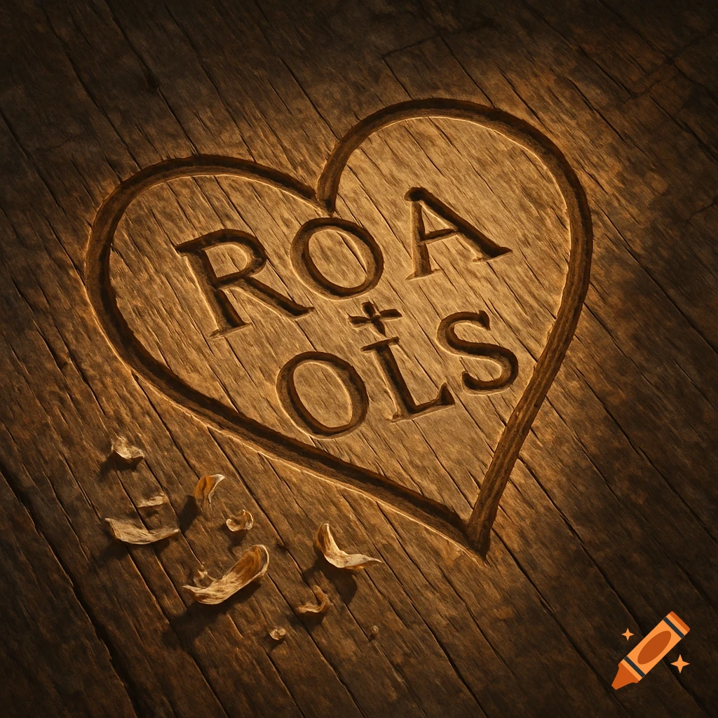A heart with 'ROA + OLS' carved into a rustic wooden surface, with wood shavings.