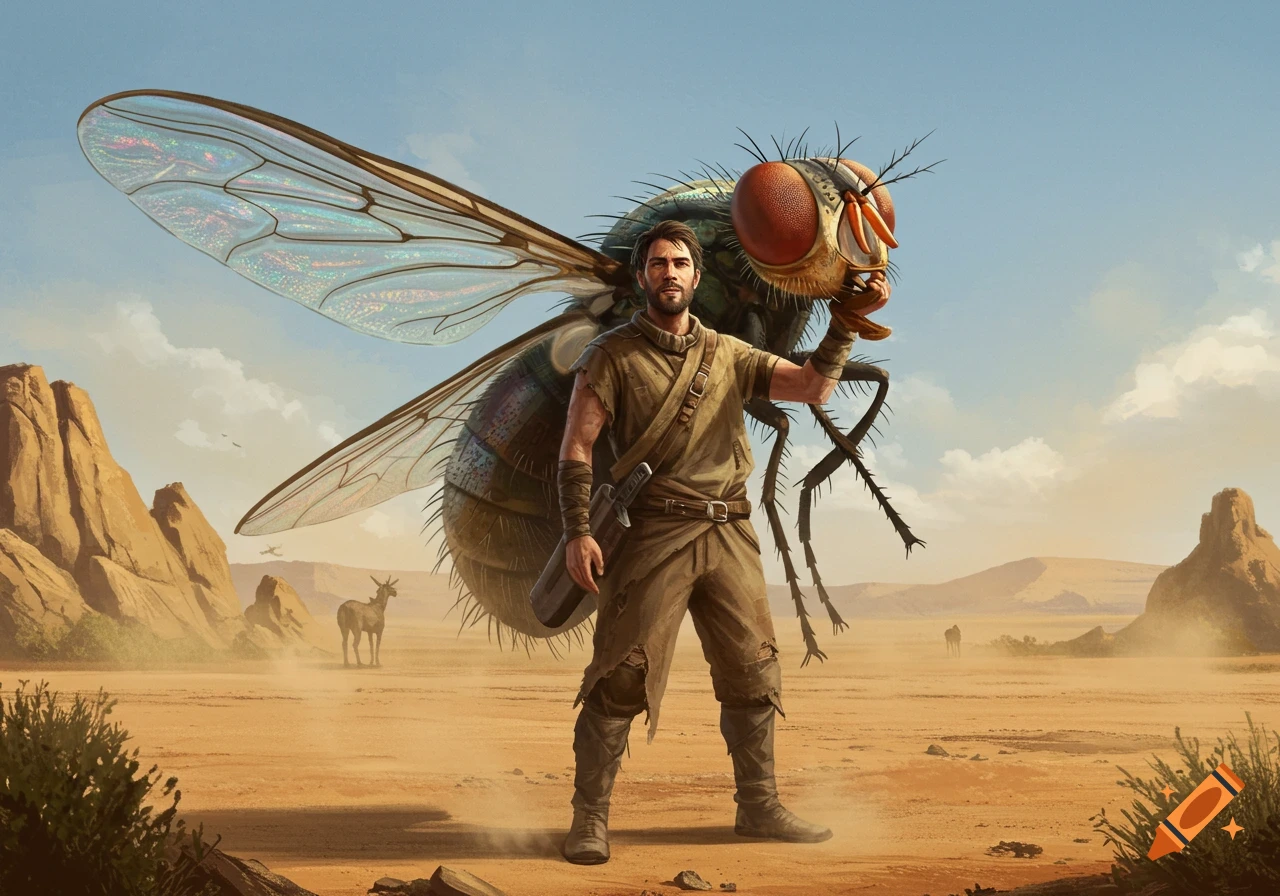 A man in desert attire stands in a vast desert, holding up a giant, dead fly by its head. Rocky outcrops and an antelope are in the background.