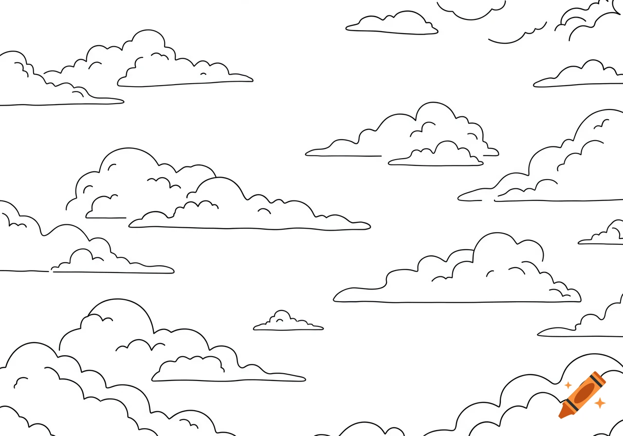 Black and white line art illustration of various clouds.