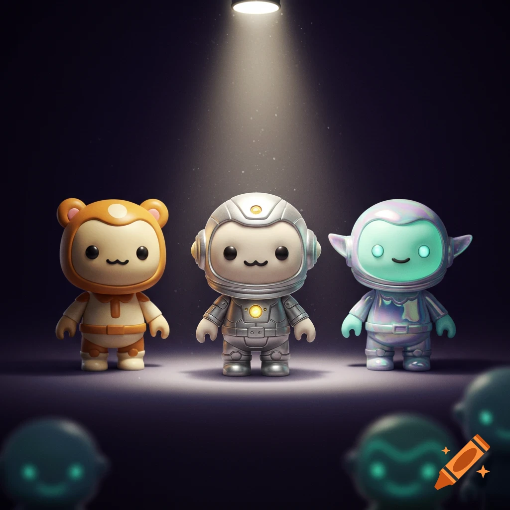 A spotlight shines on three cute, stylized toy figures: a brown bear-like character, a silver astronaut, and a glowing teal alien. Other blurred figures are in the foreground.