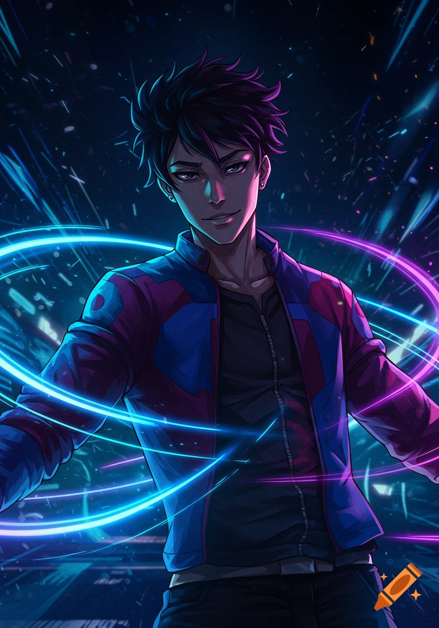 An anime male character with dark hair in a blue and red jacket, surrounded by glowing blue and purple energy rings against a dark, starry background.