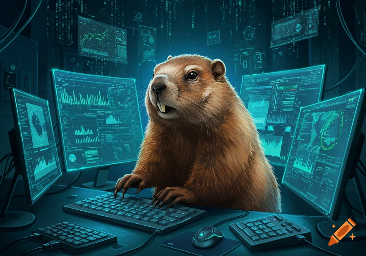 A groundhog sits at a desk, typing on a keyboard, surrounded by multiple glowing computer monitors displaying data and code in a dark, high-tech room.