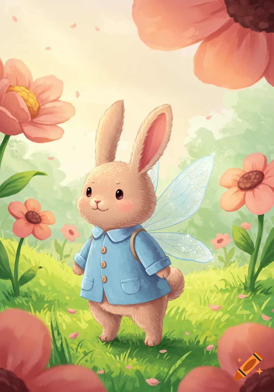 A cute cartoon bunny wearing a blue coat and fairy wings stands in a grassy field with pink flowers under a sunny sky.