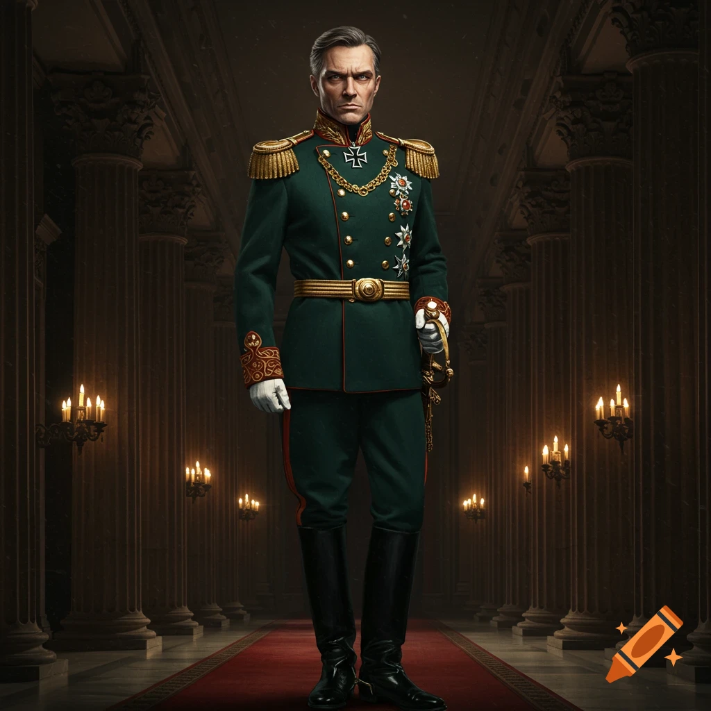 A man in a green and gold historical military uniform stands in a grand hall with pillars and candles.