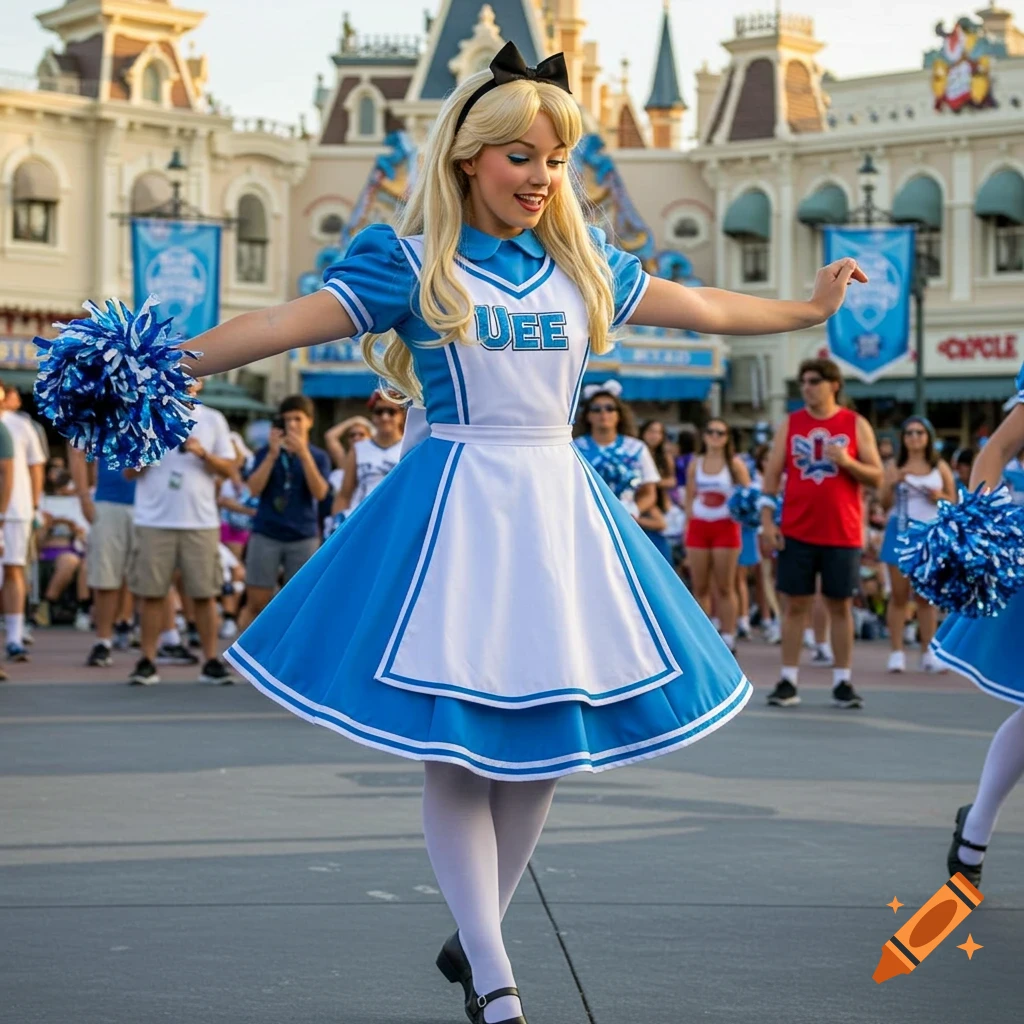 Alice from Wonderland dressed in a blue and white cheerleading uniform with poms, posing in front of Cinderella Castle at Disney World.