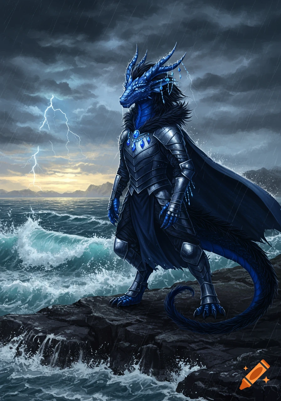 A blue dragonborn storm paladin in armor stands on a rocky coast under a stormy, lightning-filled sky.