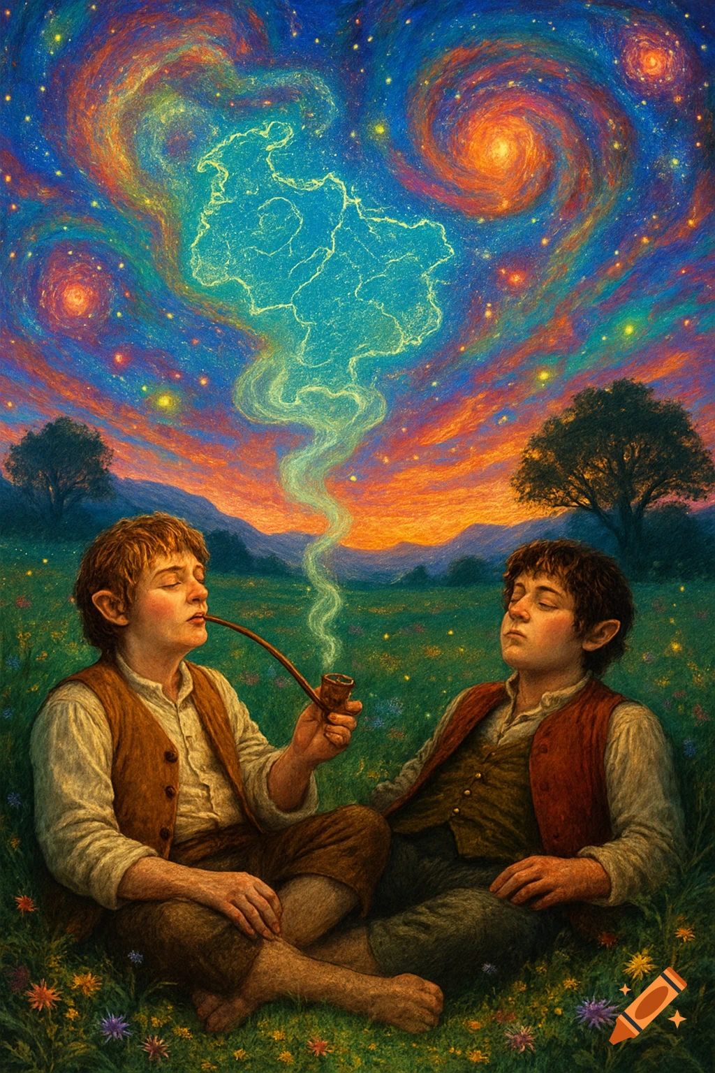 Two hobbits sit in a vibrant green field under a psychedelic sky, one smoking a pipe with a glowing map-like shape in the smoke.