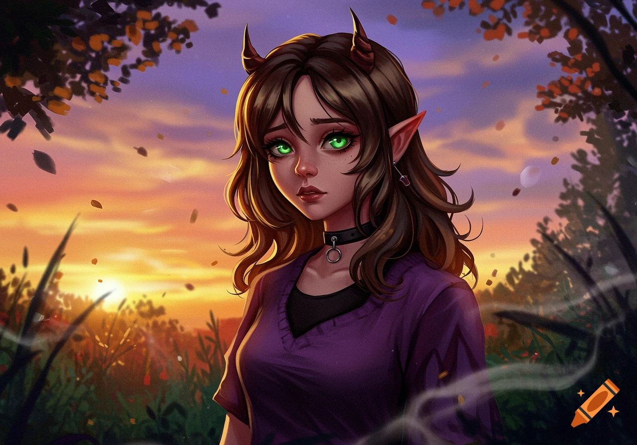 An anime-style portrait of a young demon girl with brown hair, green eyes, horns, and elf ears, wearing a purple shirt and choker, standing at sunset with falling leaves.