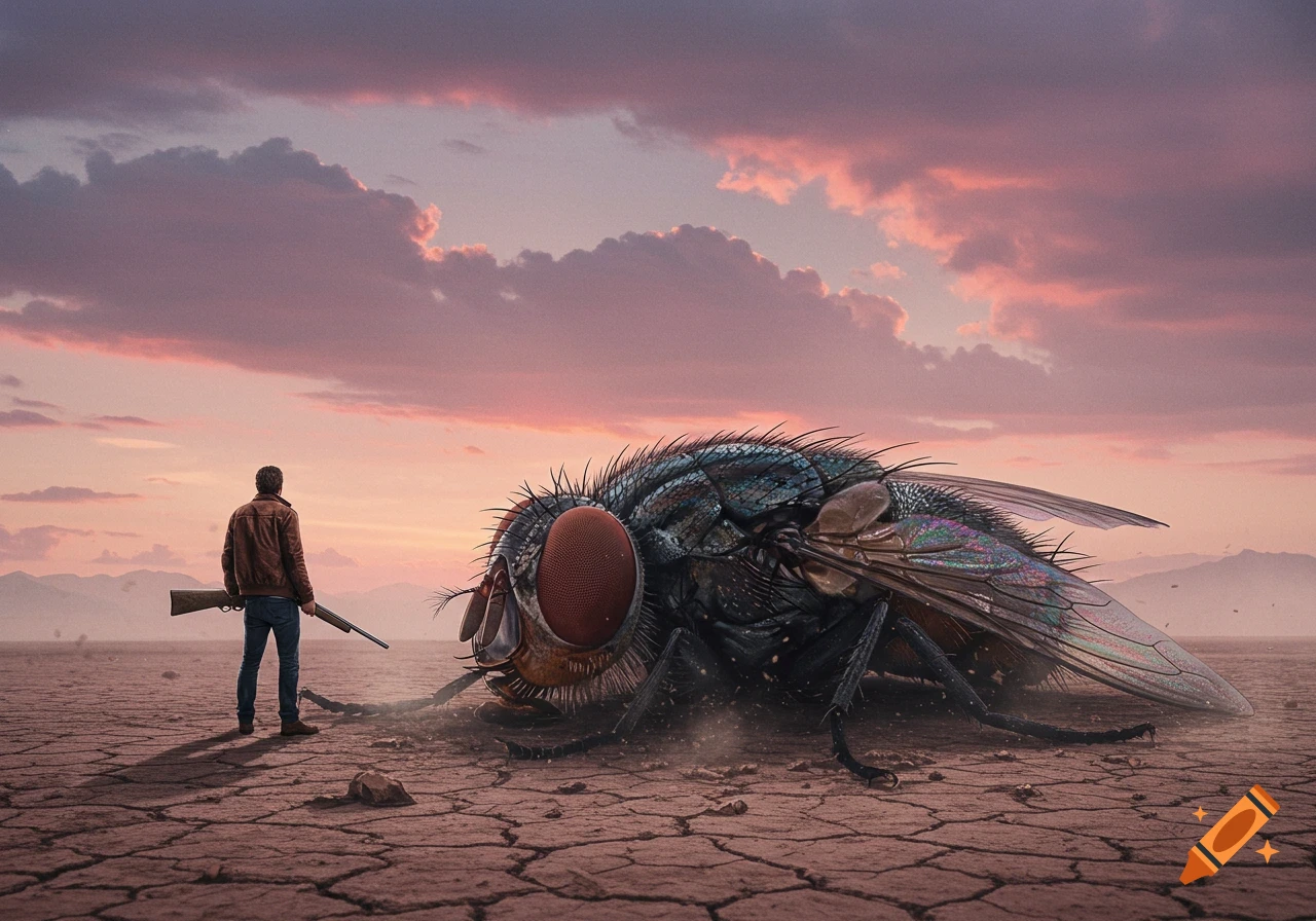 A man with a rifle stands in a cracked desert looking at a giant, dead fly under a pink and purple sunset.