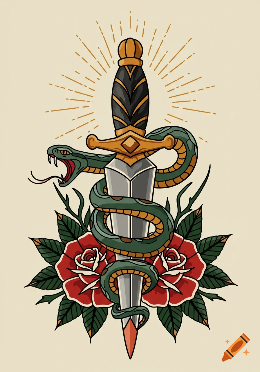 An American traditional tattoo style illustration of a dagger with a green snake wrapped around it, and red roses at its base.