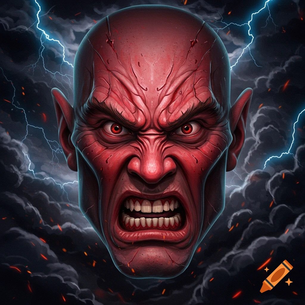 A close-up of a highly detailed, angry red face with glowing red eyes and bared teeth, against a stormy sky with lightning.