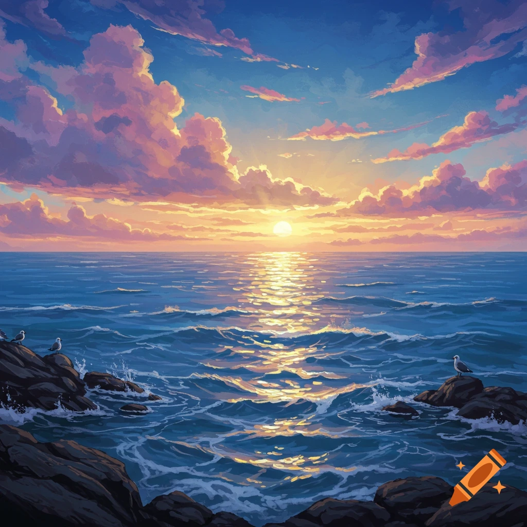 A vibrant sunset over a calm ocean with pink and orange clouds, sun reflection on water, and seagulls on rocks.