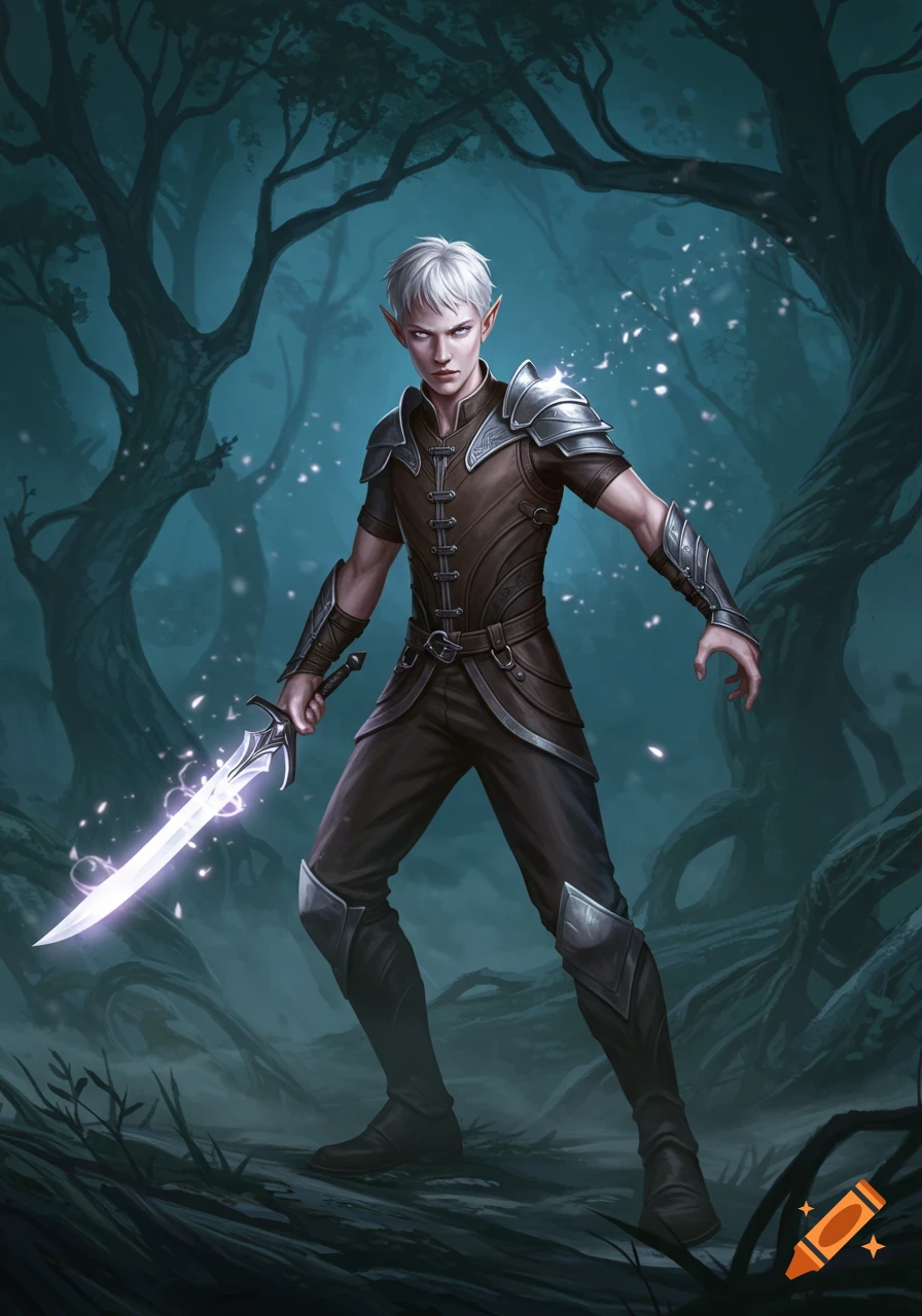 A young male elf warrior with white hair, clad in leather and armor, stands in a dark, mystical forest, holding a glowing sword.