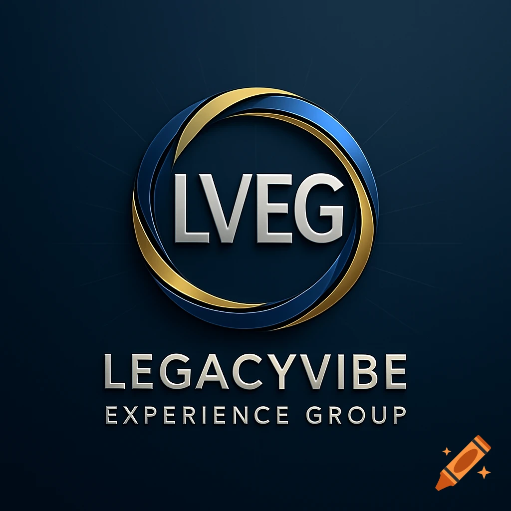 A dark blue and gold logo with intertwined rings, silver letters LVEG, and text 'LEGACYVIBE EXPERIENCE GROUP' below.