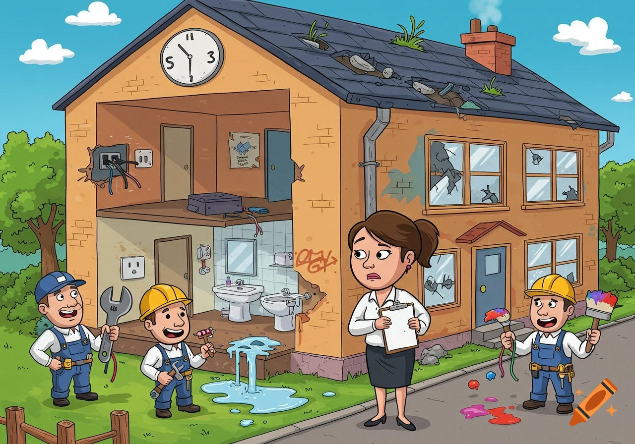 A cartoon illustration of a damaged school building with cutaway sections revealing interior issues. A stressed principal stands outside with three repairmen.