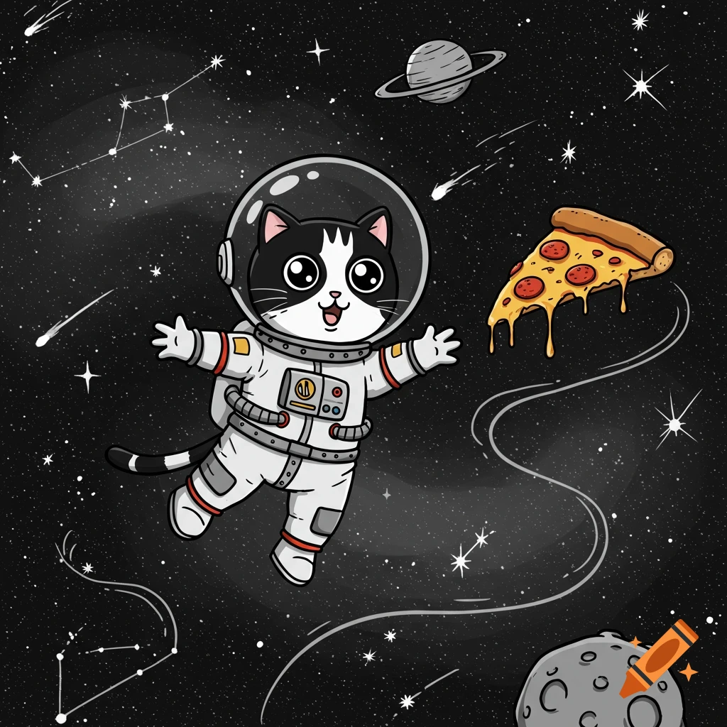 A cute black and white cartoon astronaut cat floats in space, reaching towards a floating slice of pizza.
