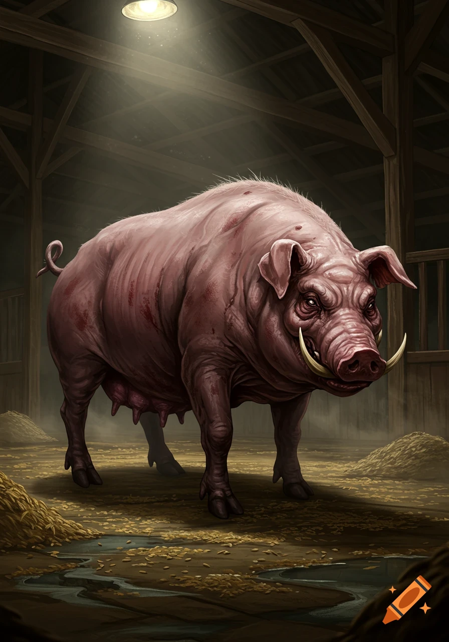A menacing, tusked pink pig with large udders stands in a dimly lit barn, surrounded by hay. Dark fantasy art.