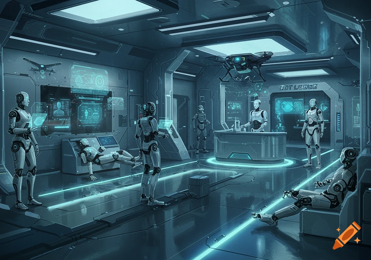 A futuristic, blue-lit lobby with various white and grey robots, some interacting with holographic screens.