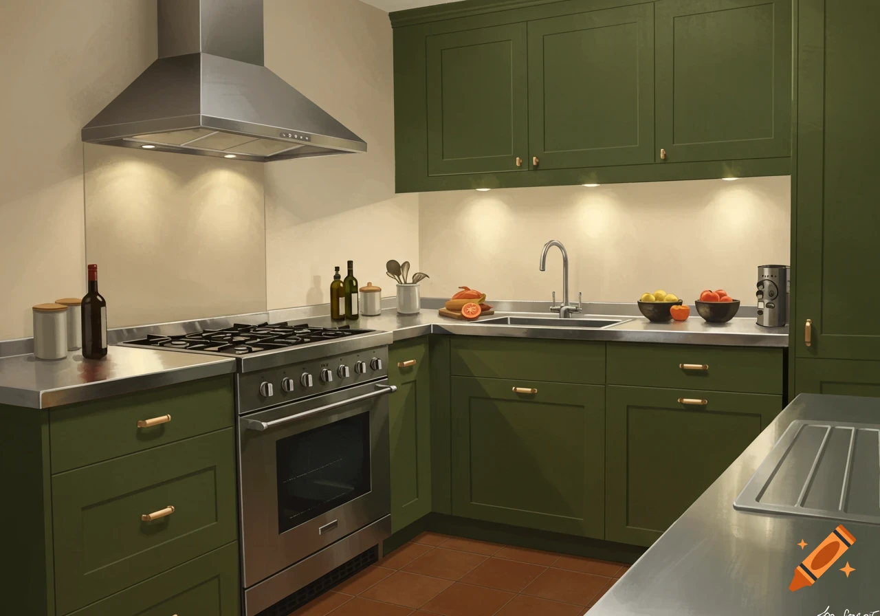 An illustrated modern kitchen with olive green cabinets, stainless steel countertops, a range hood, an oven, a sink, and various kitchen items.