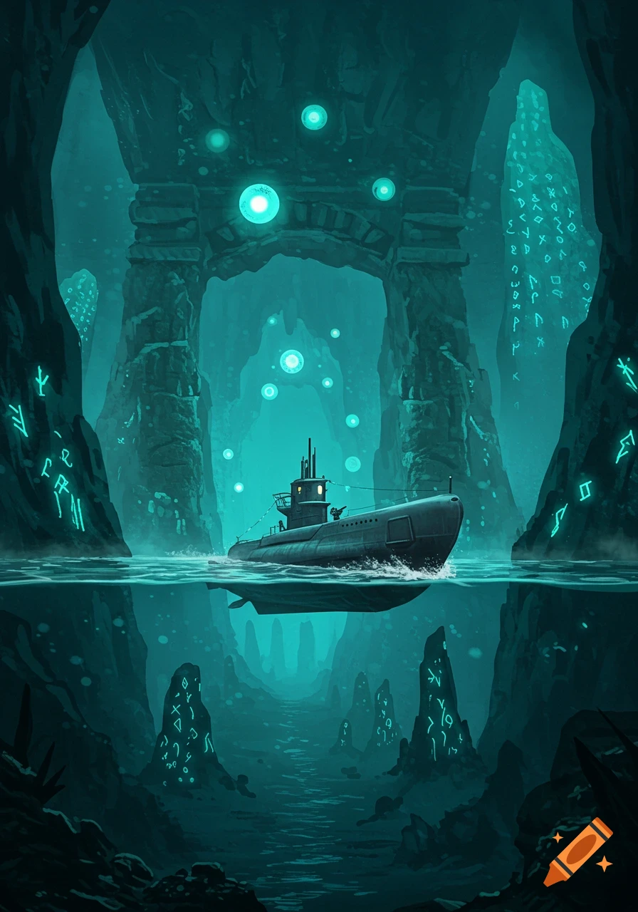 A grey submarine sails through a vibrant turquoise underwater cave filled with glowing orbs and ancient structures etched with glowing symbols.