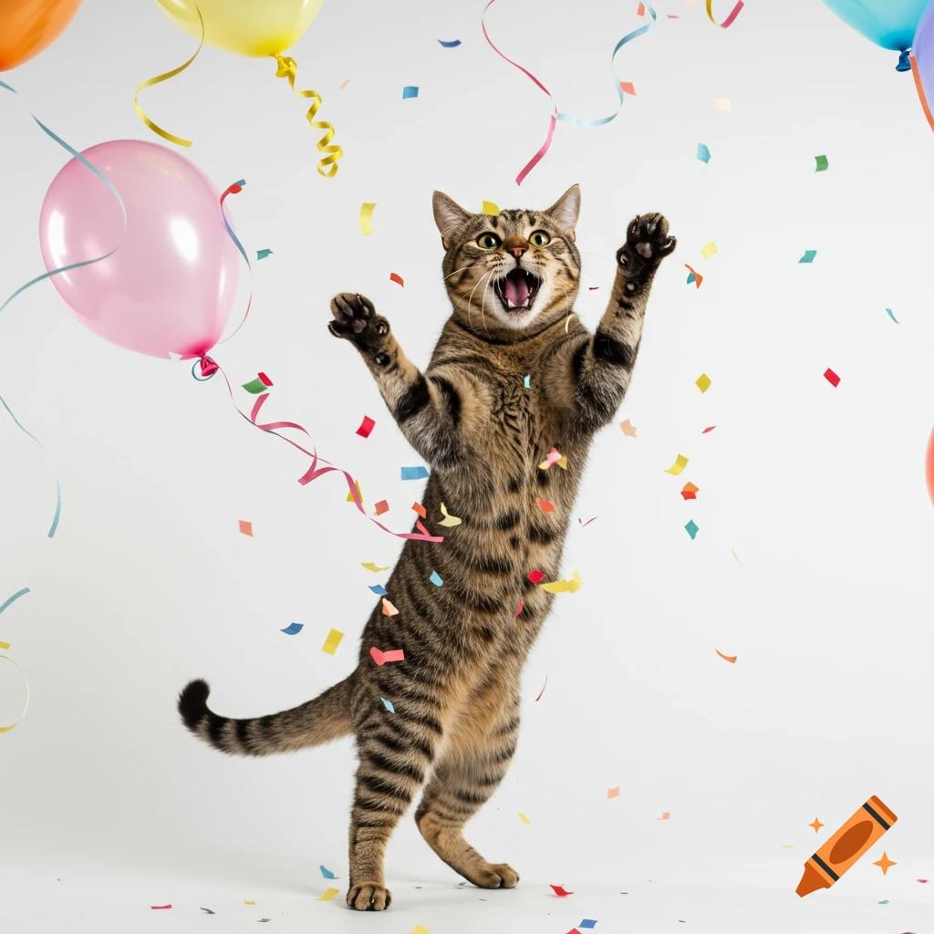 Photorealistic tabby cat on hind legs with paws up, mouth open, celebrating with colorful confetti and balloons on a white background.