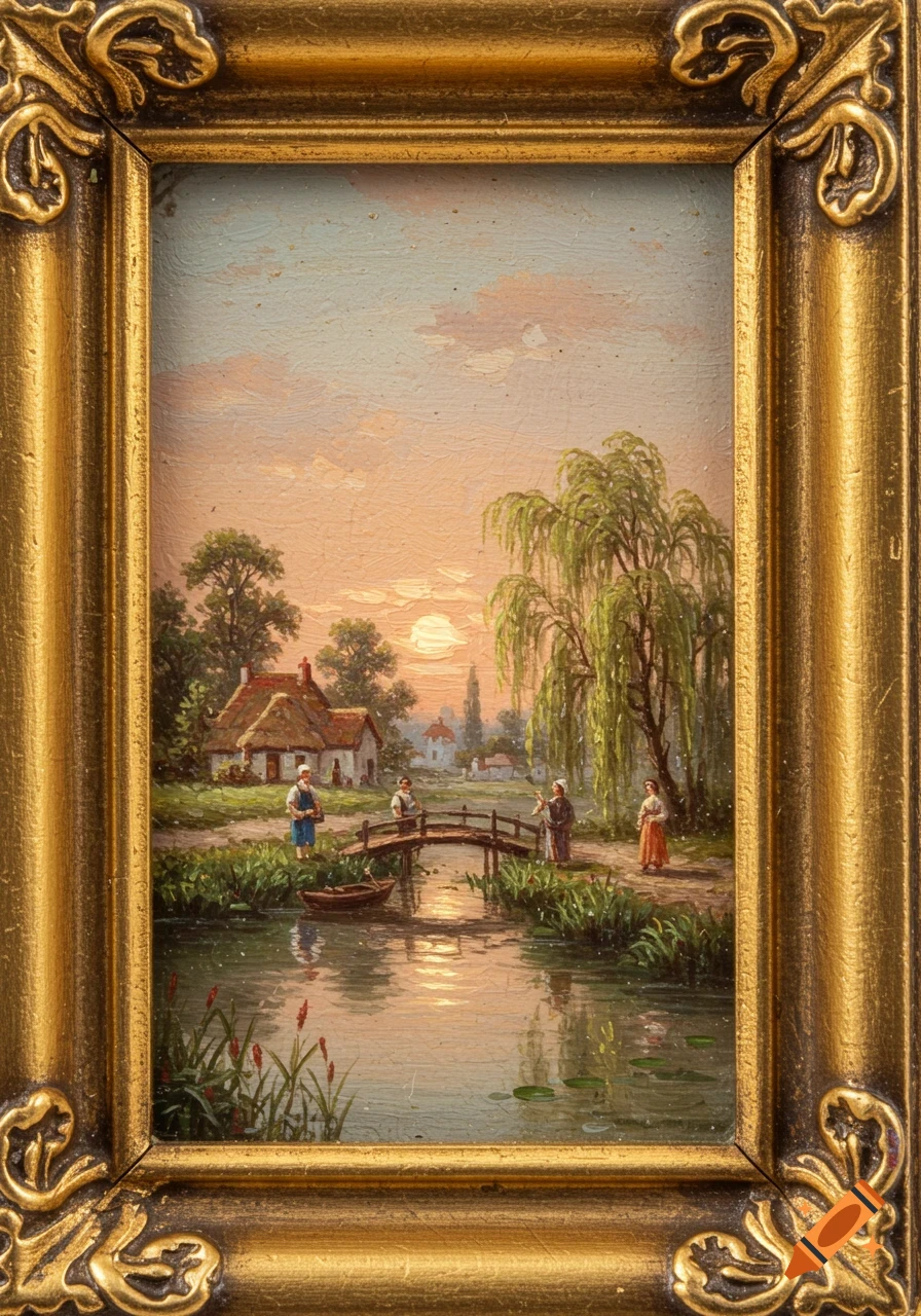 A miniature painting of a tranquil rural landscape with a river, a wooden bridge, and a thatched-roof house, set against a sunset sky.