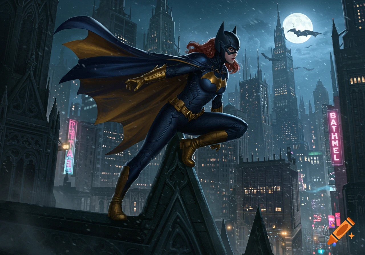 Batgirl perches on a gothic rooftop, overlooking a dark, snowy city at night under a full moon, in a comic book art style.