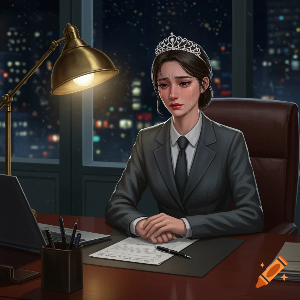 A young woman in a business suit and tiara sits at an office desk at night, crying. She is illuminated by a desk lamp.