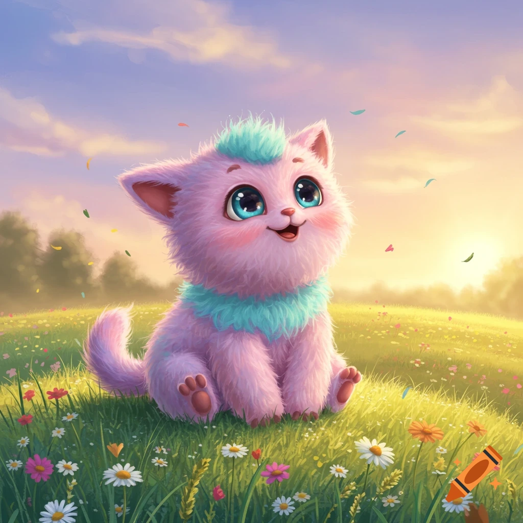 A fluffy pink and blue cat-like creature with big eyes sits in a field of colorful flowers at sunset.