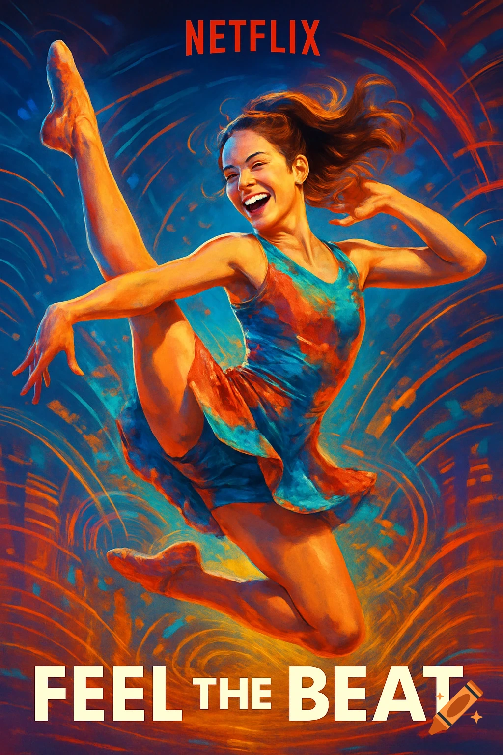 Vibrant movie poster of a joyful female dancer mid-leap, surrounded by swirling orange and blue energy. Text: NETFLIX, FEEL THE BEAT.