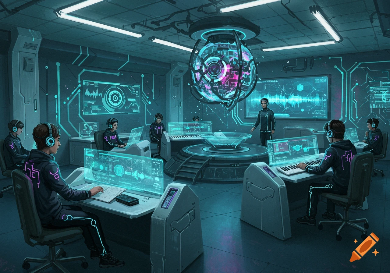 Students in a futuristic glowing blue classroom with holographic screens and a large central orb.