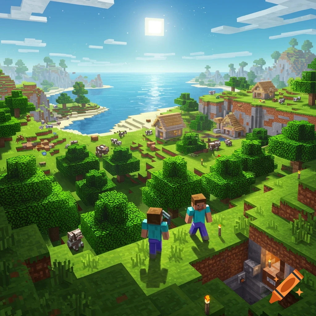 Vibrant blocky Minecraft landscape with green hills, trees, blue ocean, sandy beaches, small houses, and two player characters, under a sunny sky.