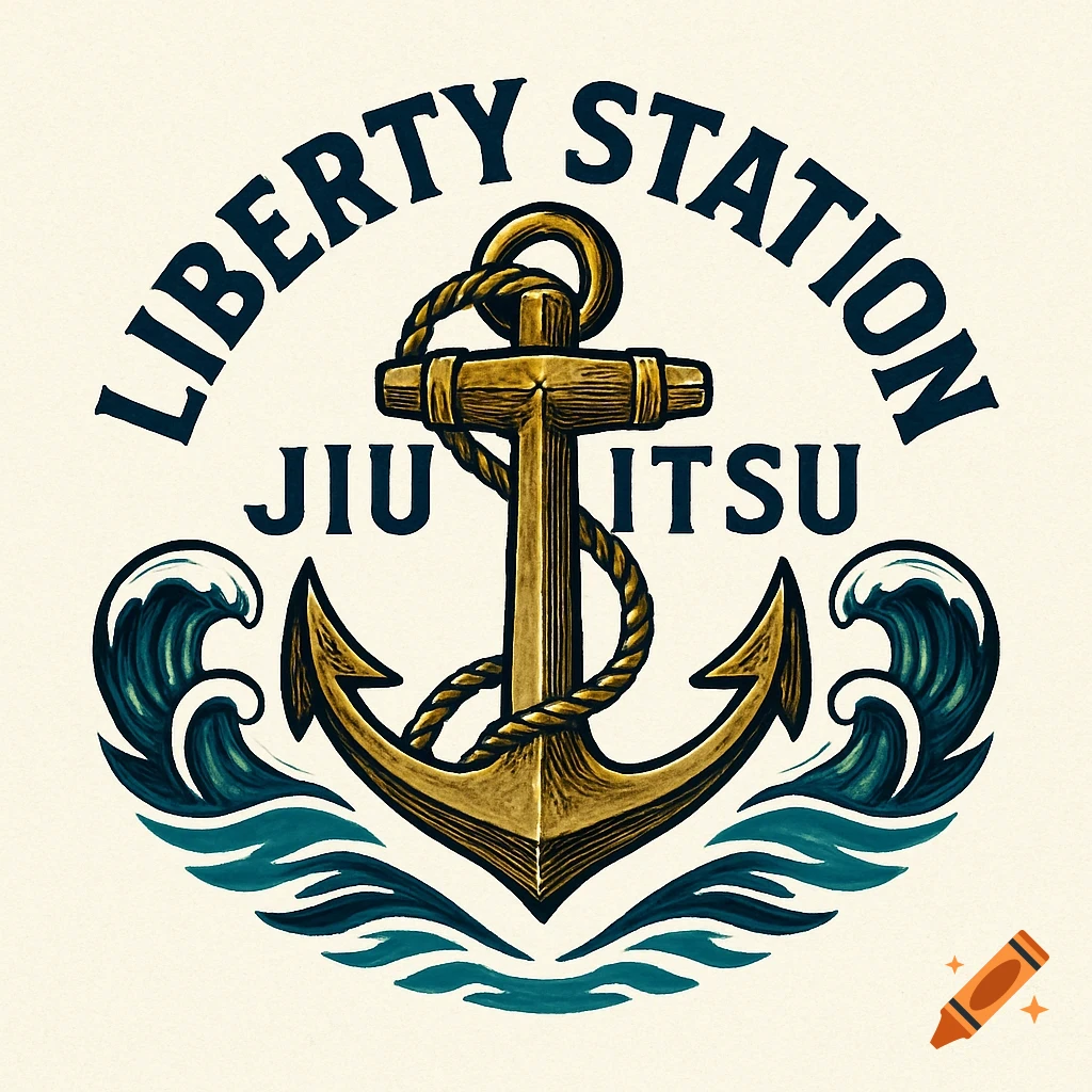 A vintage-style logo featuring a golden anchor surrounded by blue waves. The text 'LIBERTY STATION' curves above the anchor, and 'JIU JITSU' is below it.