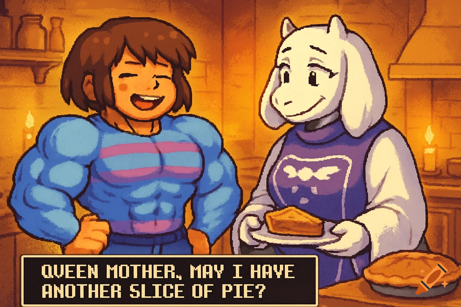 Muscular Frisk happily asks Toriel for more pie in a pixel art kitchen. Toriel holds a pie slice.