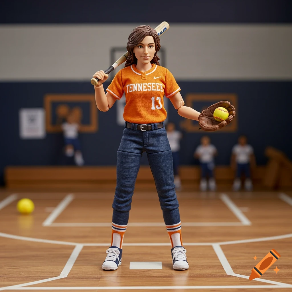 A photorealistic action figure of a female softball player stands holding a bat and glove with a softball, in a gym.