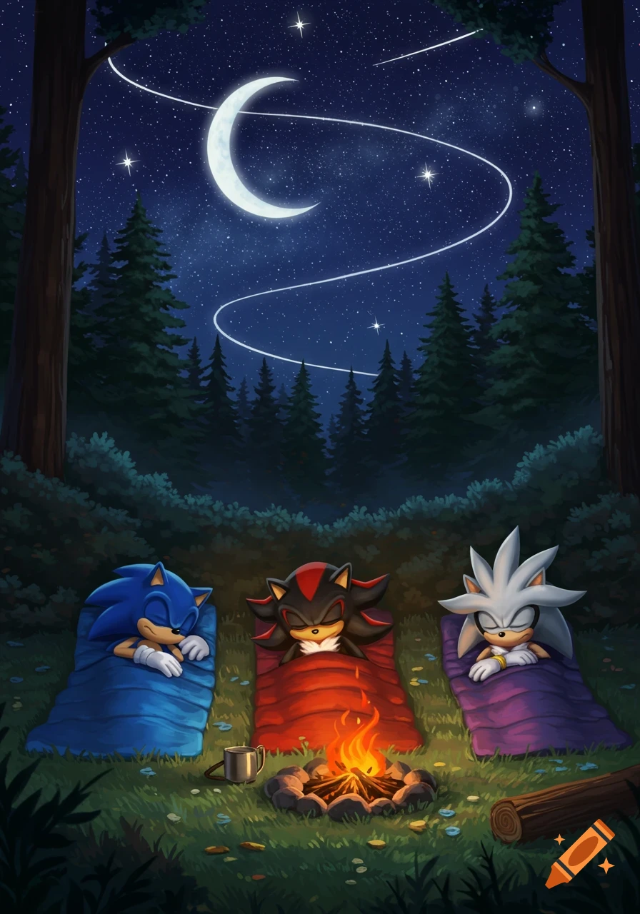 Sonic, Shadow, and Silver sleep soundly in their sleeping bags around a campfire in a dark forest under a starry night sky with a crescent moon.