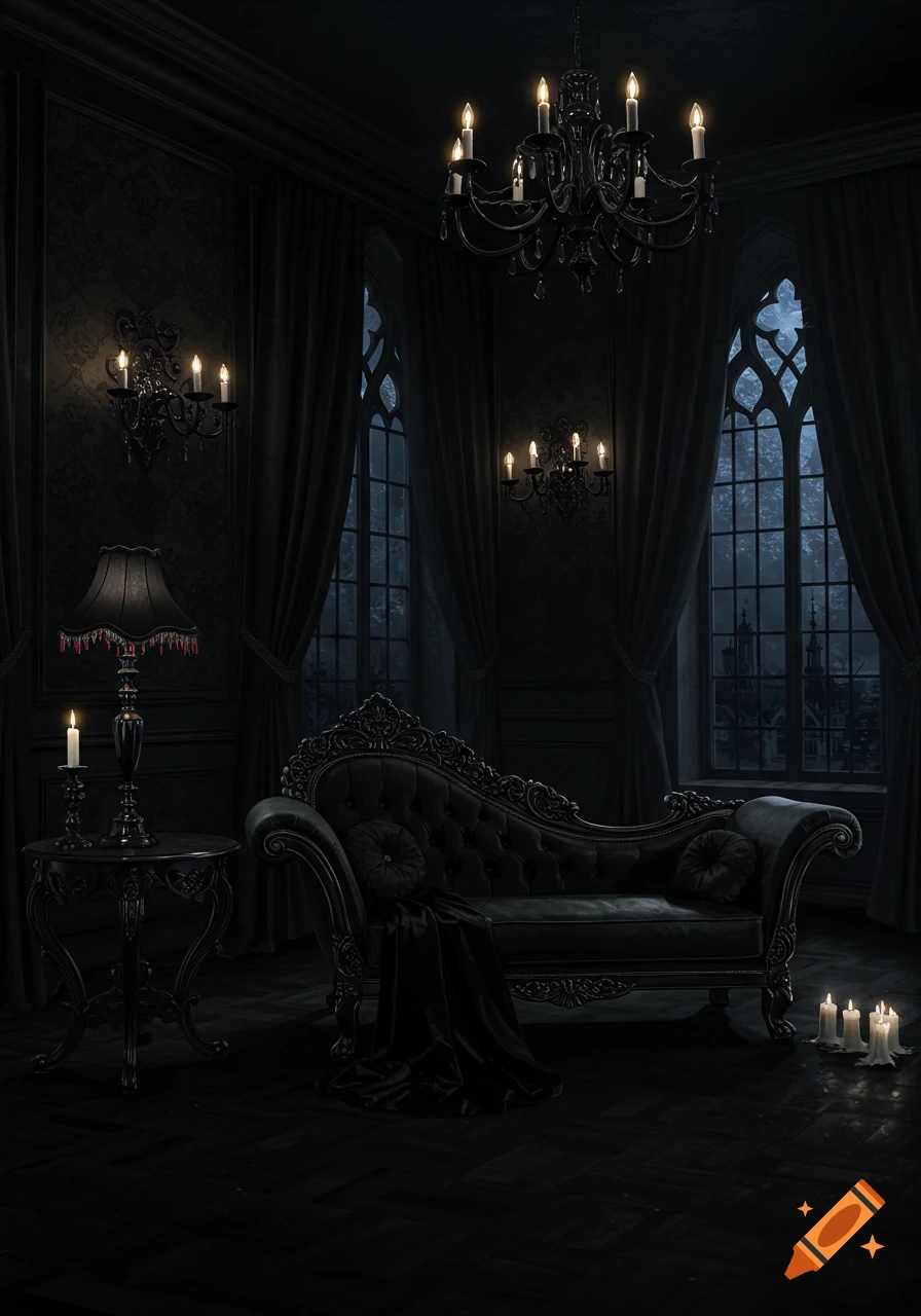 A dark gothic room with black ornate furniture, chandeliers, and tall windows, lit by candlelight.