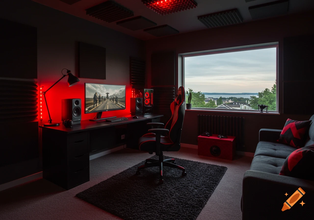 A cozy black and red gaming room with a desk setup, a gaming chair, a dark sofa, and a large window overlooking a cityscape.