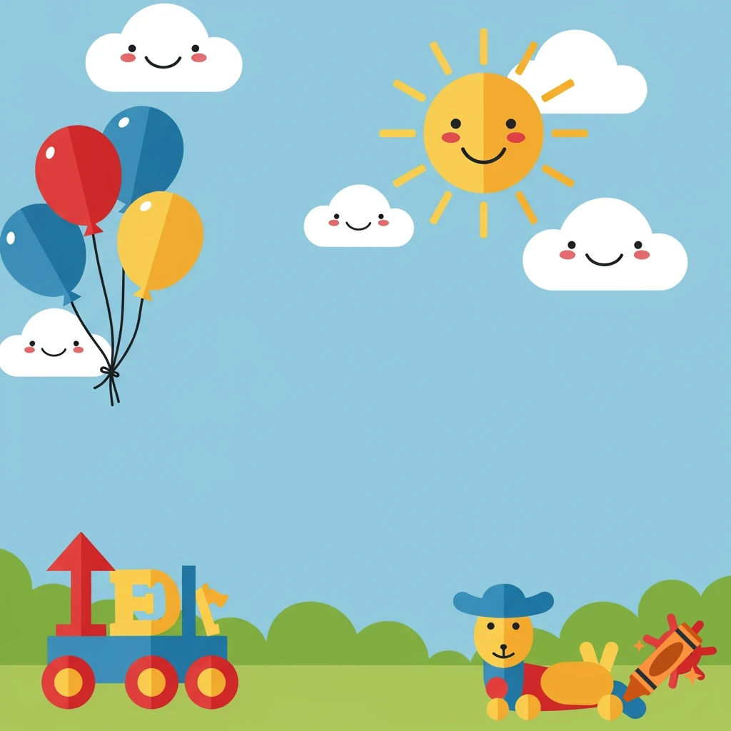 A cheerful, flat-design cartoon illustration with smiling clouds and sun, colorful balloons, a toy train, and an animal figure.