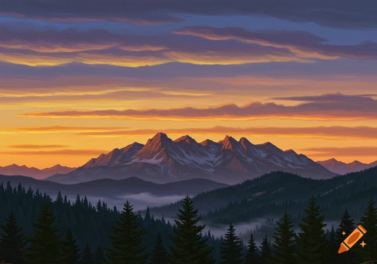 A vibrant painting of rugged mountains at sunset, with a forest in the foreground and a colorful sky.
