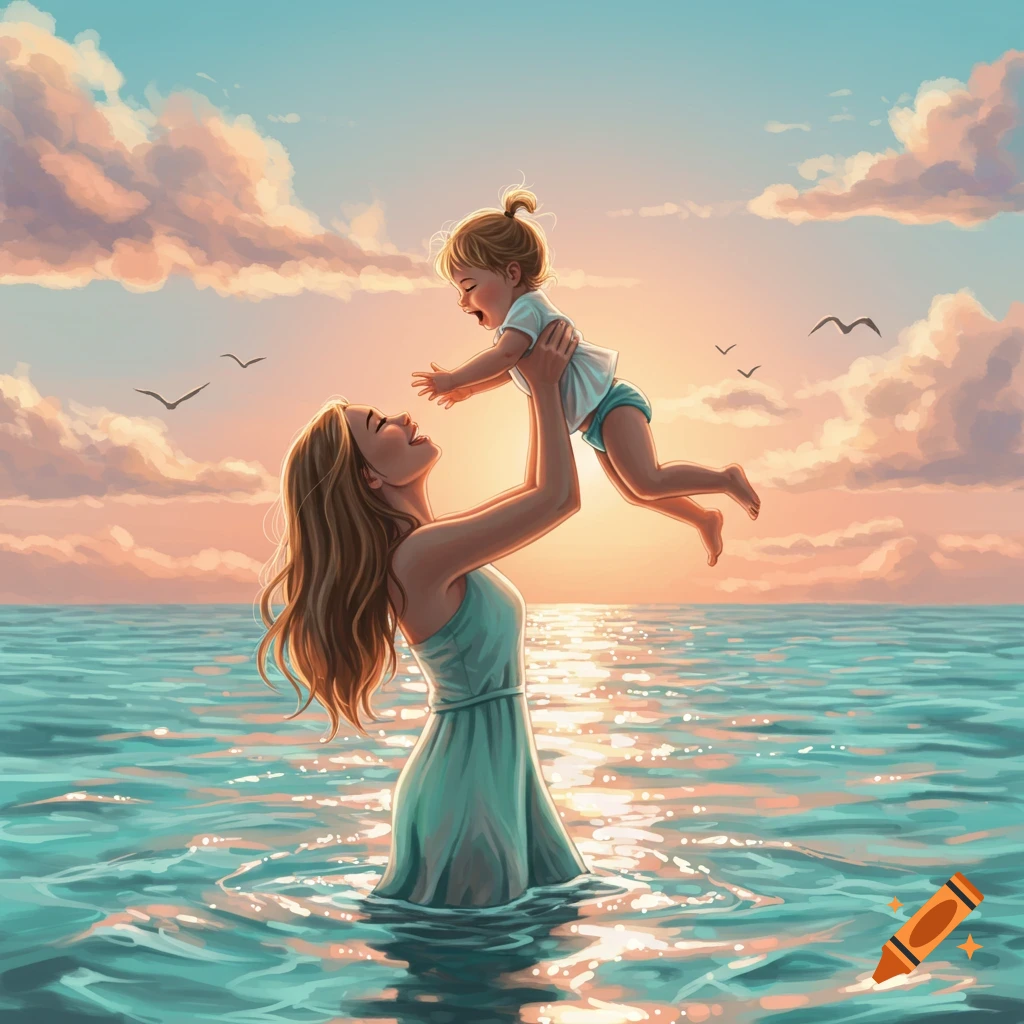 A joyful mother lifts her child in the air while standing in the ocean at sunset, in an illustrative style.