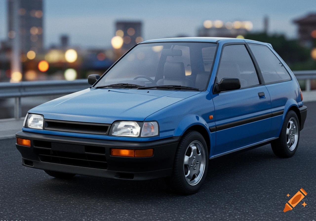 Blue 1990s Japanese three-door hatchback with black trim, parked on a road with city lights in the background.